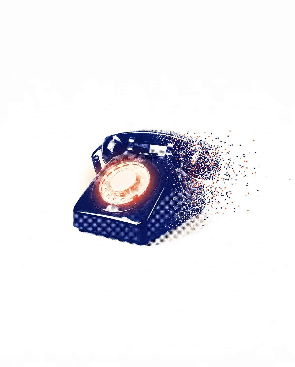 A vintage rotary telephone mid-ring, its dial glowing orange