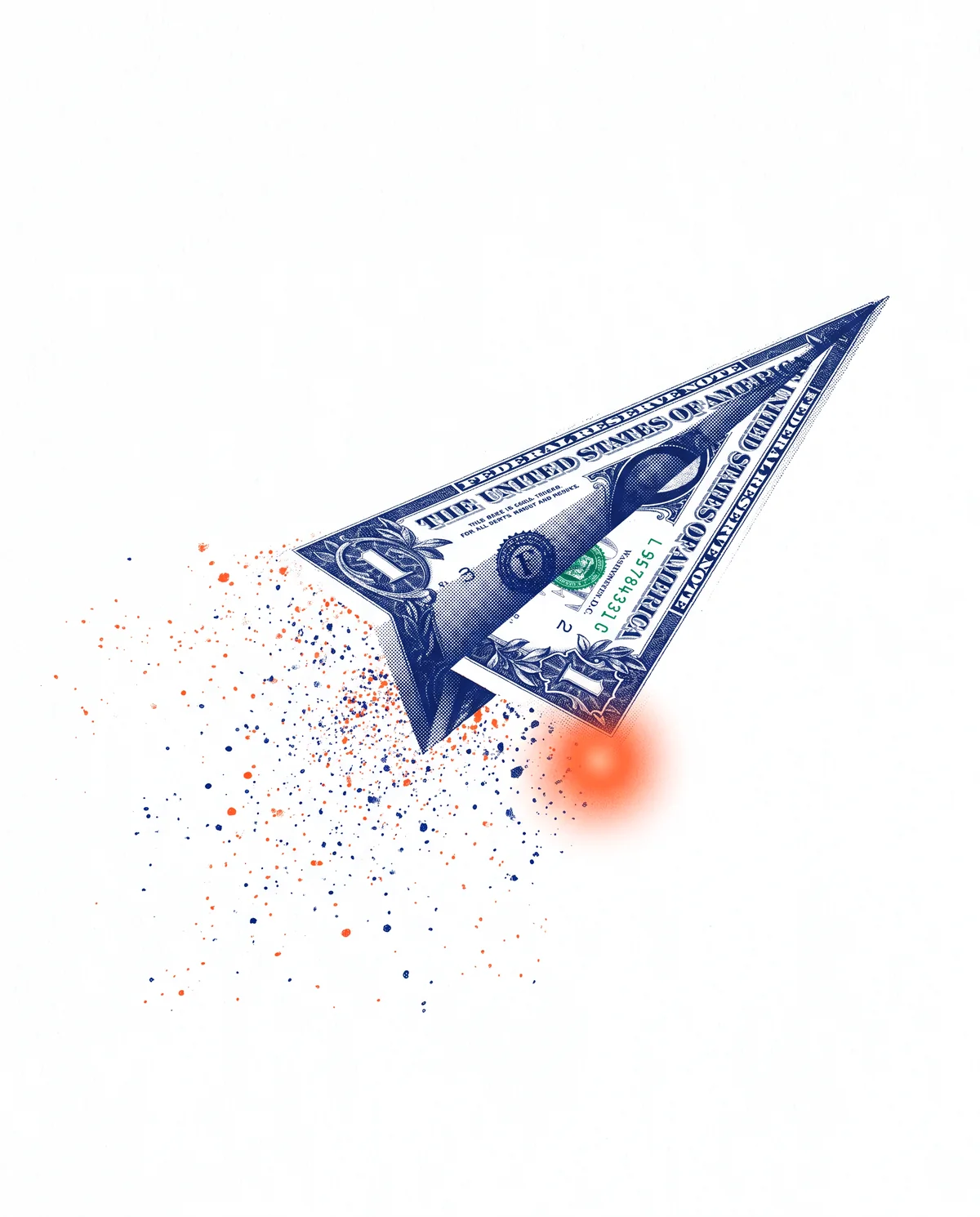 A dollar bill folded into a paper plane, its tail breaking apart into dust